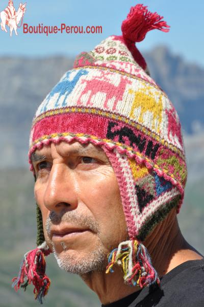 Bonnet péruvien homme grand taille laine alpaga. Pièce unique