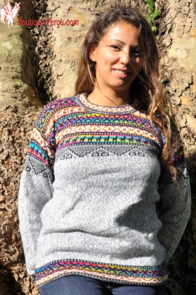 Pull-over péruvien femme gris chiné anthracite - Pulls en laine d'alpaga -  FEMME - Boutique Pérou