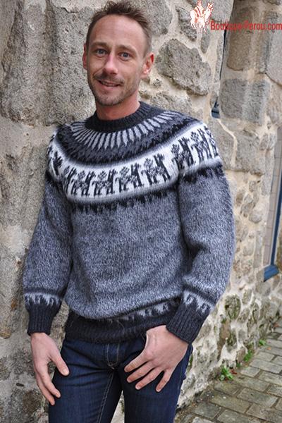 Pull homme de l'altiplano péruvien col rond.