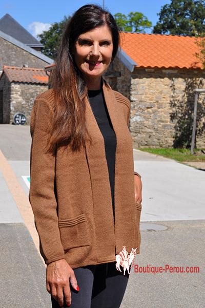 Gilet long coupe droite couleur camel - Cardigans et vestes en alpaga -  FEMME - Boutique Pérou