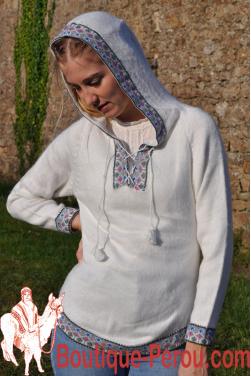 Pull péruvien blanc Ausangate, manches longues et capuche