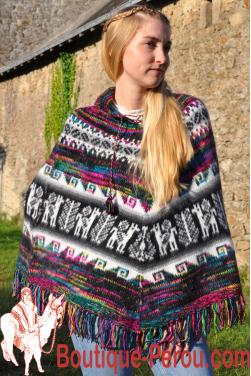 Poncho alpaga femme taille unique, motifs andins, pièce unique
