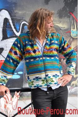 Blouson homme multicolore en laine d'alpaga avec sa capuche. Pièce unique