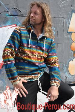 Blouson multicolore en laine d'alpaga pour homme avec capuche.