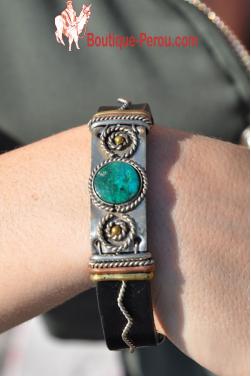 Bracelet en cuir et pierre turquoise du Pérou
