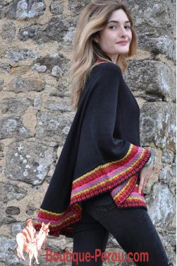 Poncho femme noir en laine d'alpaga