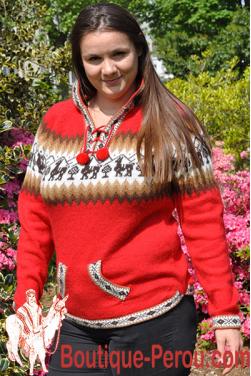 Pull à capuche rouge indien pour femme en laine d'alpaga