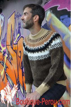 Pull peruvien homme marron beige en laine d'alpaga