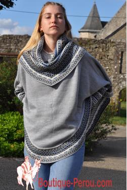 Poncho femme mi-long gris des andes