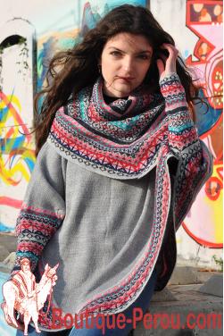 Poncho femme mi-long gris des andes