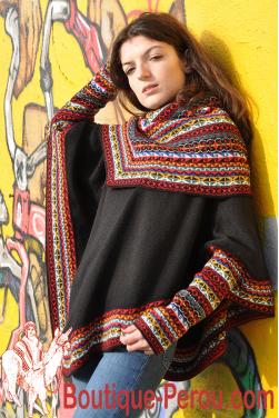 Pull poncho noir pour femme en laine d'alpaga